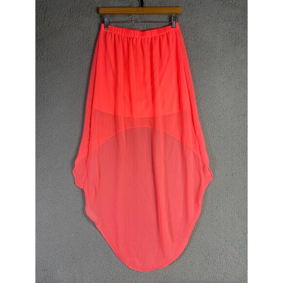 Express Coral High Low Sheer Skirt Small Chiffon Elastic Waist Midi Lightweight - Picture 7 of 10